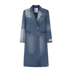 Washed Denim Chesterfield Coat With Jeans Patch