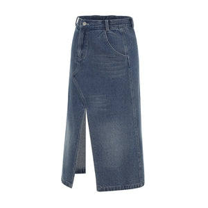 Washed Denim A-Line Skirt With Jeans Patch
