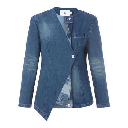 Emotional World-Patchwork Collarless Denim Jacket