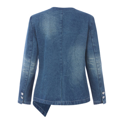 Emotional World-Patchwork Collarless Denim Jacket